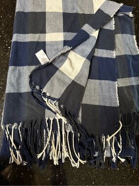 Macy's Navy and White Plaid Fringe Scarf